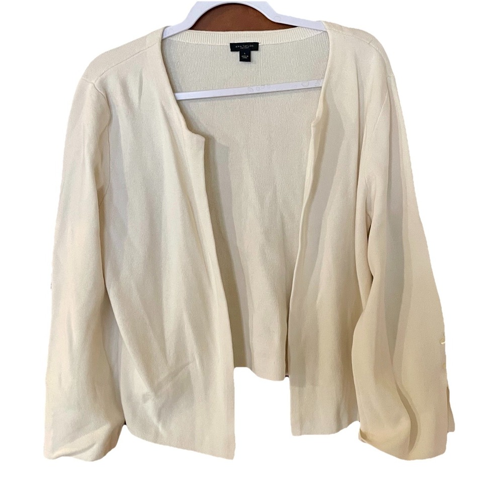 Ann Taylor‎ Sweater Womens Large Cream Knit Open Front Cardigan Bell Sleeves